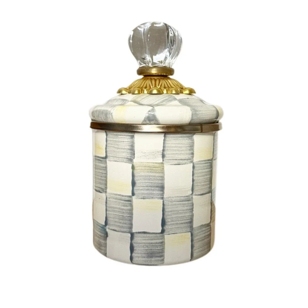 Mackenzie Childs Sterling Check Gray and White Mini Canister 14oz New